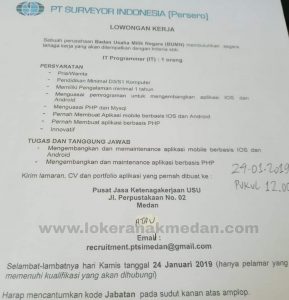 Lowongan BUMN IT PT Surveyor Indonesia Persero - Loker Medan
