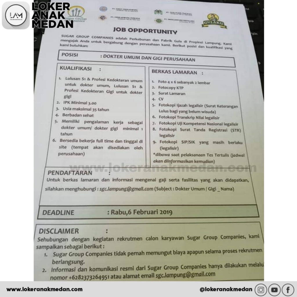 Lowongan Kerja Sugar Group Companies 2019 Loker Medan Dokter Umum dan Gigi Perusahaan